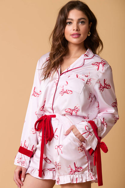 Ruffled Hem Shorts and Long Sleeve Top w/ Bow Cuffs - Set