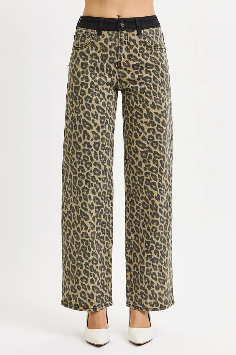 High Rise Wide Leg Leopard Printed Contrast WB Detail Pants - Coffee