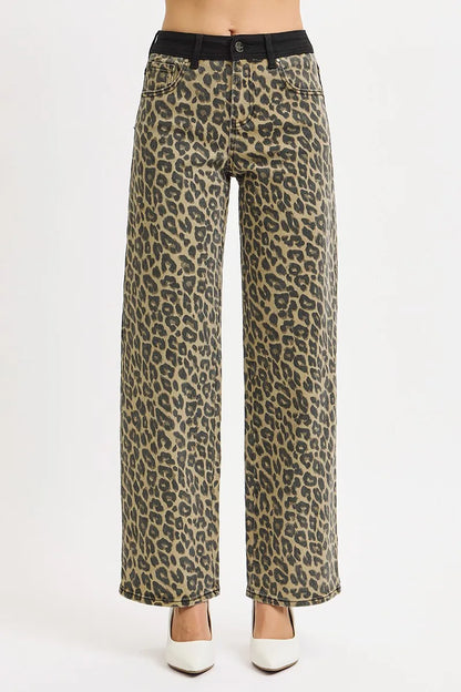 High Rise Wide Leg Leopard Printed Contrast WB Detail Pants - Coffee
