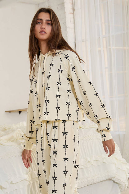 Bow Print Terry Drawstring Pants and Cropped Pullover Hoodie Set