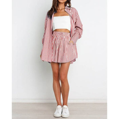 Striped Oversized Shirt and Drawstring Shorts Set