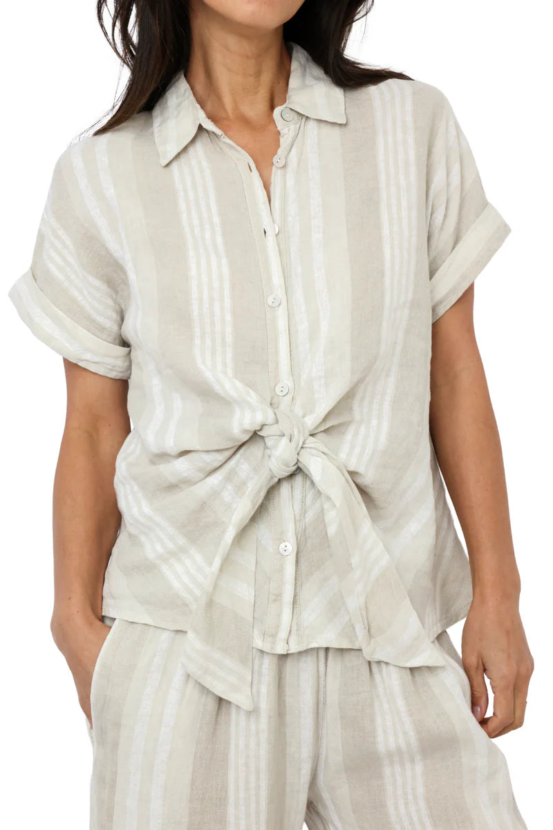 Linen Short Sleeve Tie Front Button Up Shirt