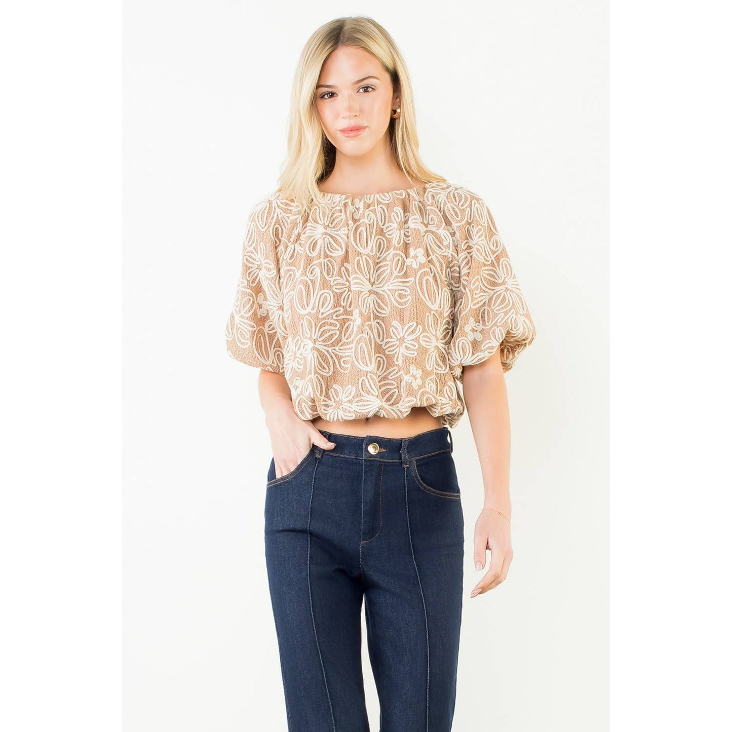 Puff Sleeve Floral Embroidery Detail Top