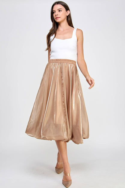 Shiny Bubble Hem Midi Skirt - Camel