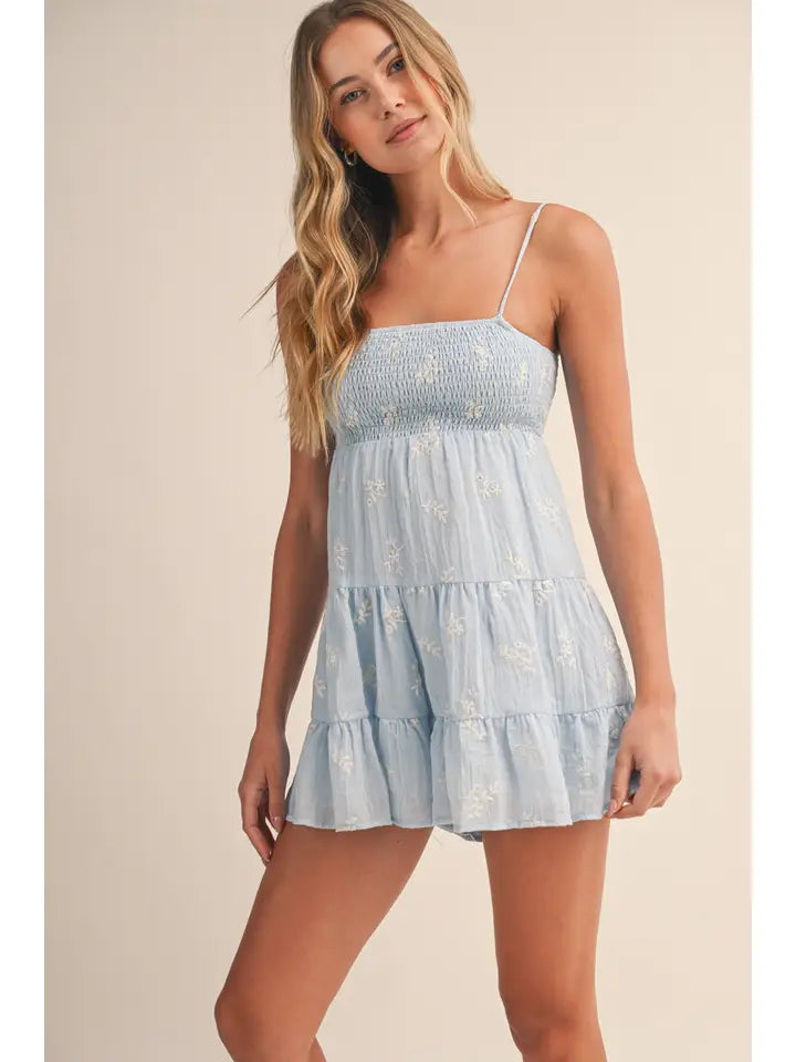 Embroidered Smocked Tiered Romper (Fully Lined) - Blue