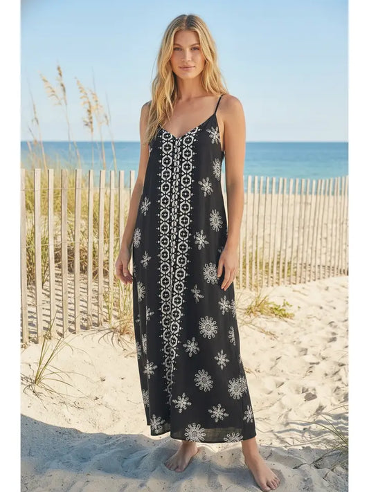 Boader Printed A-Line Maxi Dress/Fully Lined - Black