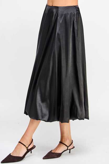 Satin Balloon Midi Skirt - Black