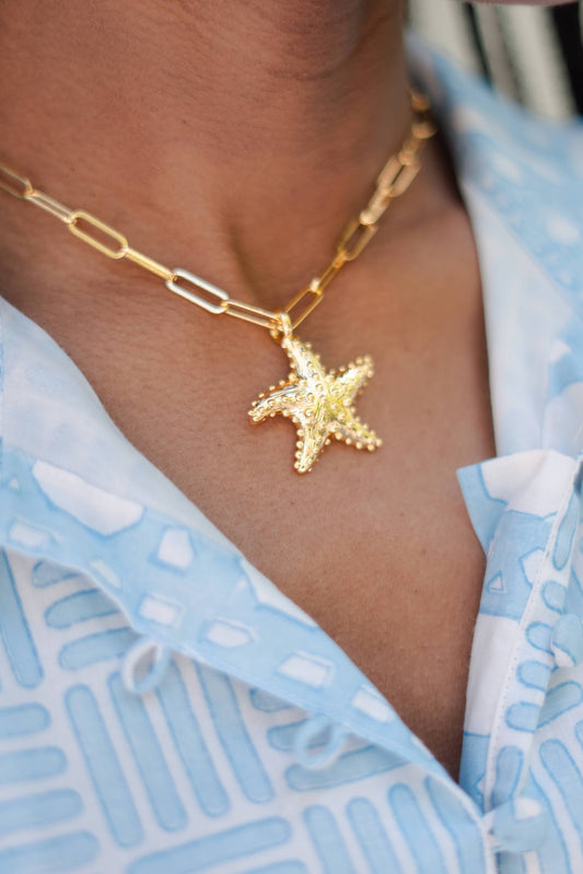 Puffy Starfish Charm Necklace - 18k Gold Plated
