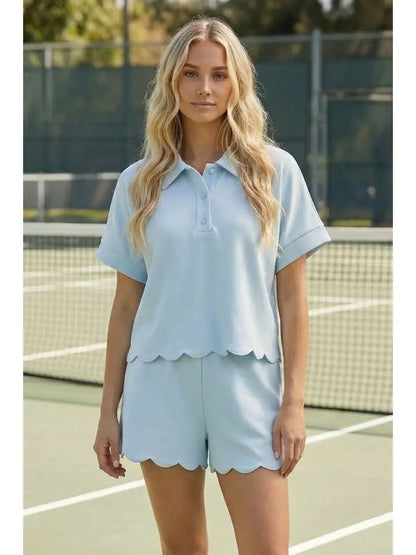 Scallop Edge Collar Tunic Top and Shorts Set - Light Blue