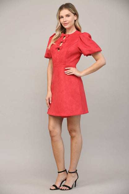 Ribbons Front Puff Sleeve Mini Dress