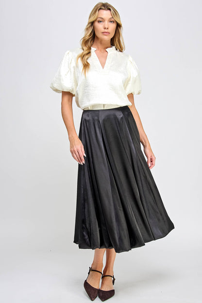 Satin Balloon Midi Skirt - Black