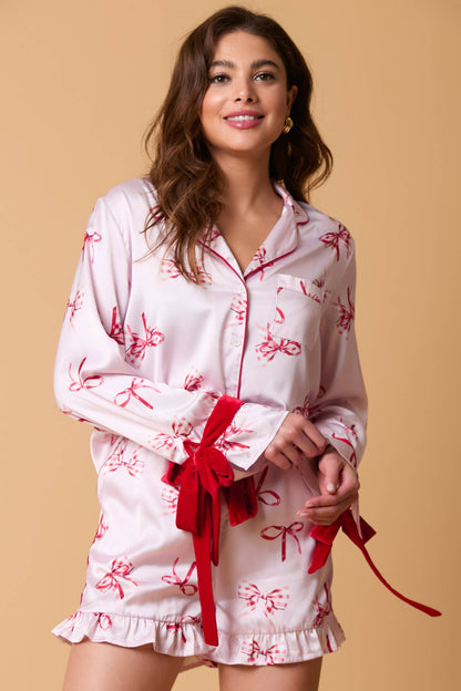 Ruffled Hem Shorts and Long Sleeve Top w/ Bow Cuffs - Set