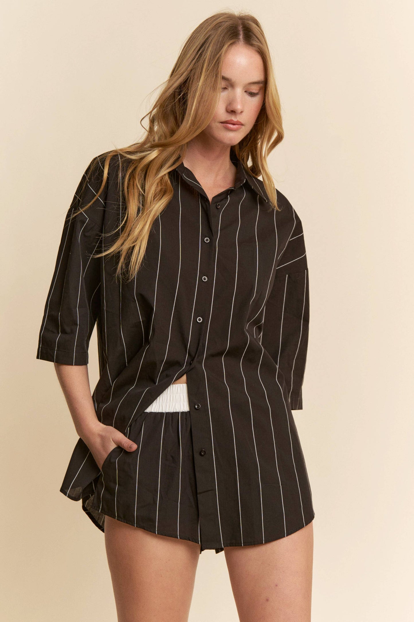 Striped Button Down Shirt w/ Matching Shorts Set - BAY WINDOW