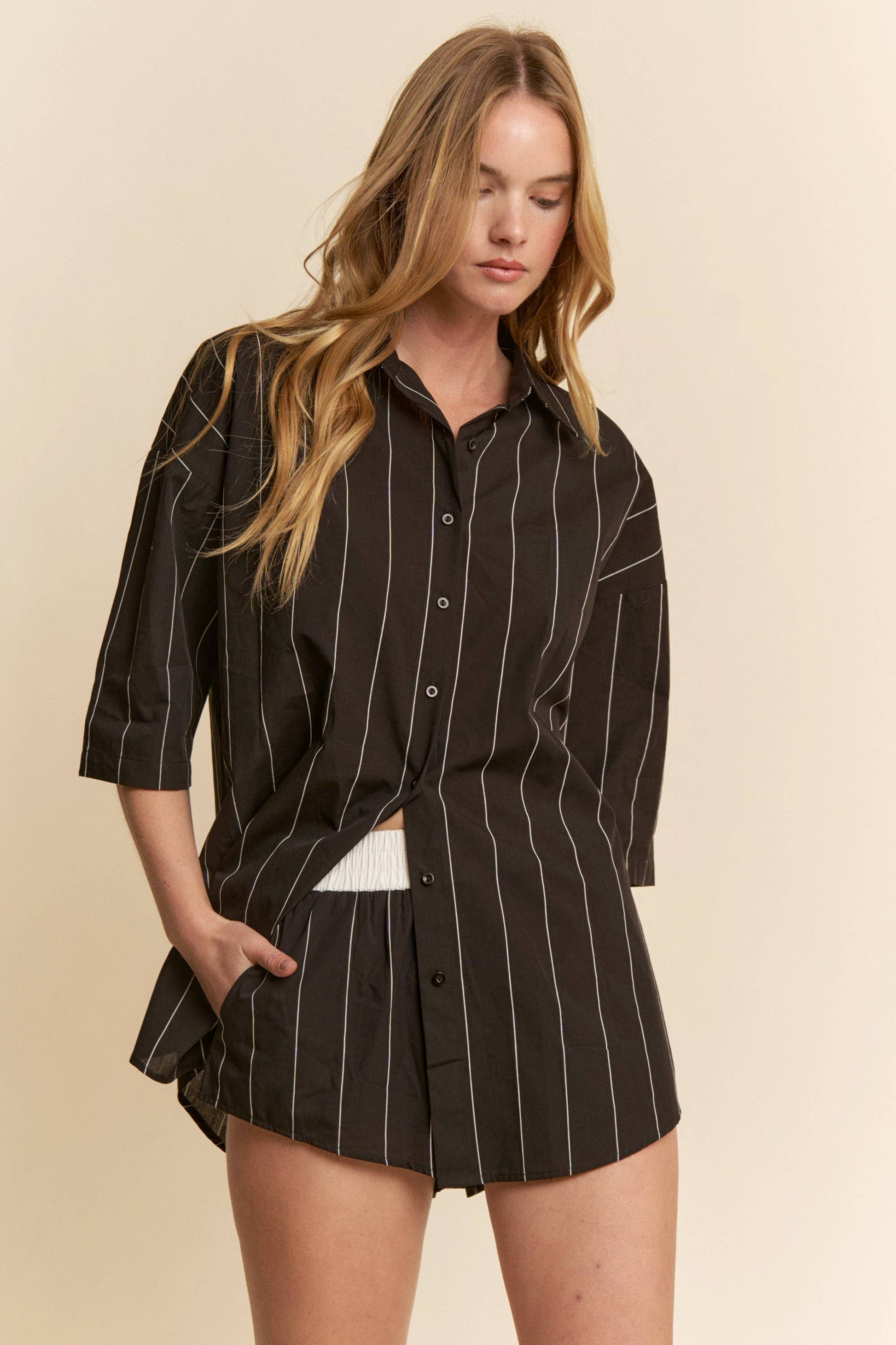 Striped Button Down Shirt w/ Matching Shorts Set - BAY WINDOW