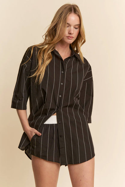 Striped Button Down Shirt w/ Matching Shorts Set - BAY WINDOW
