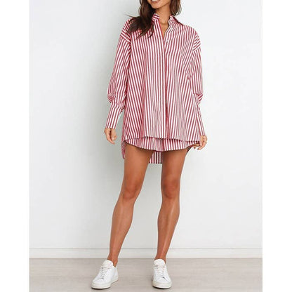 Striped Oversized Shirt and Drawstring Shorts Set