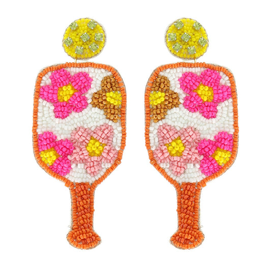 Floral Pickleball Paddle Seed Beaded Post Earrings - BAY WINDOW