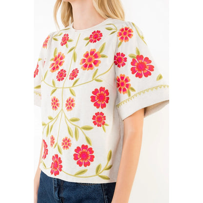 Short Sleeve Floral Embroidery Detail Top - Beige