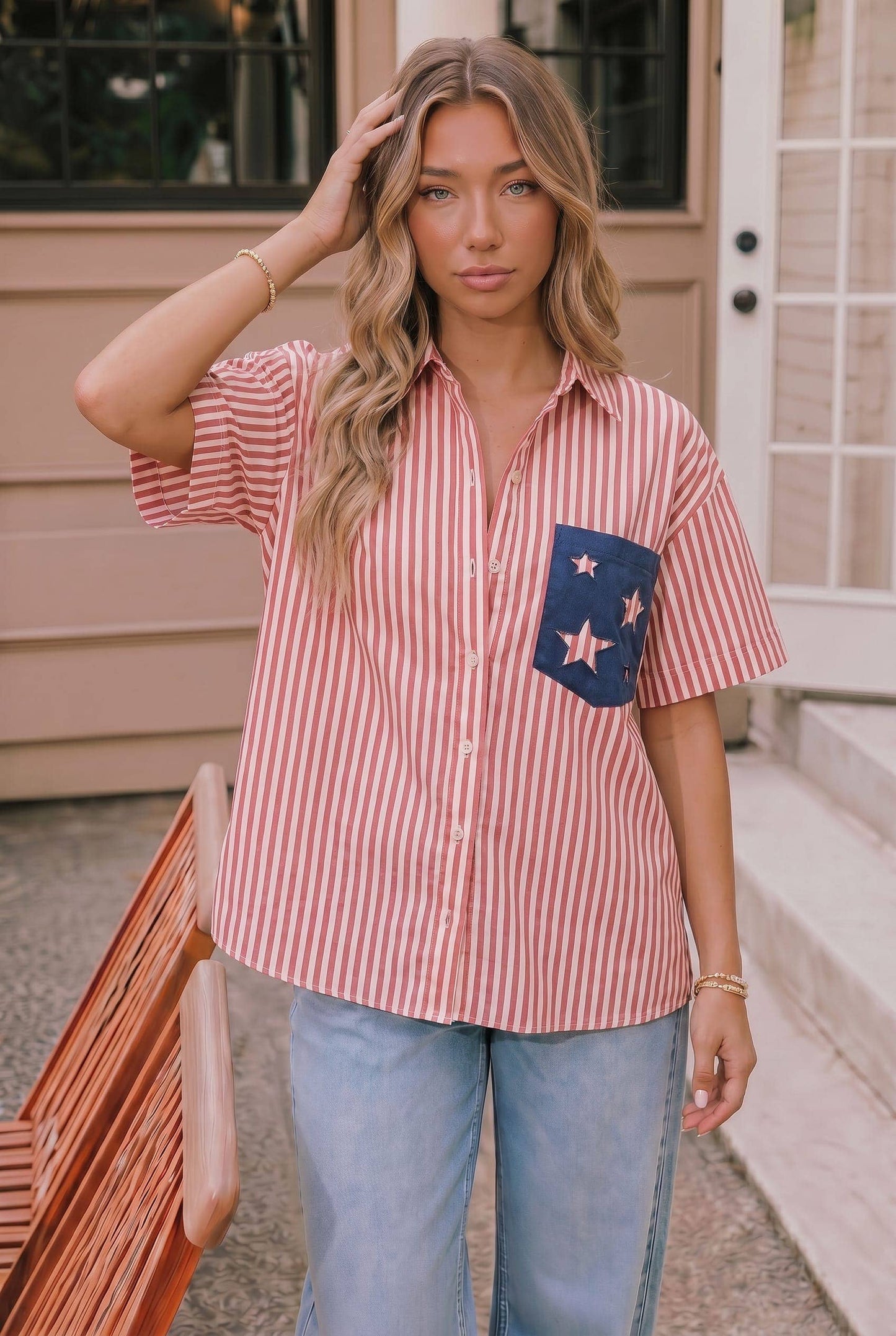 Patriotic Striped Short-Sleeve Shirt 4th of July