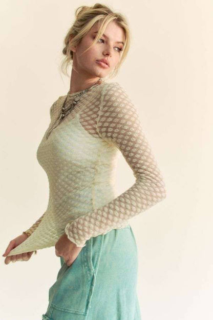 Long Sleeve Dot Crispin Lace Layering Mesh Top