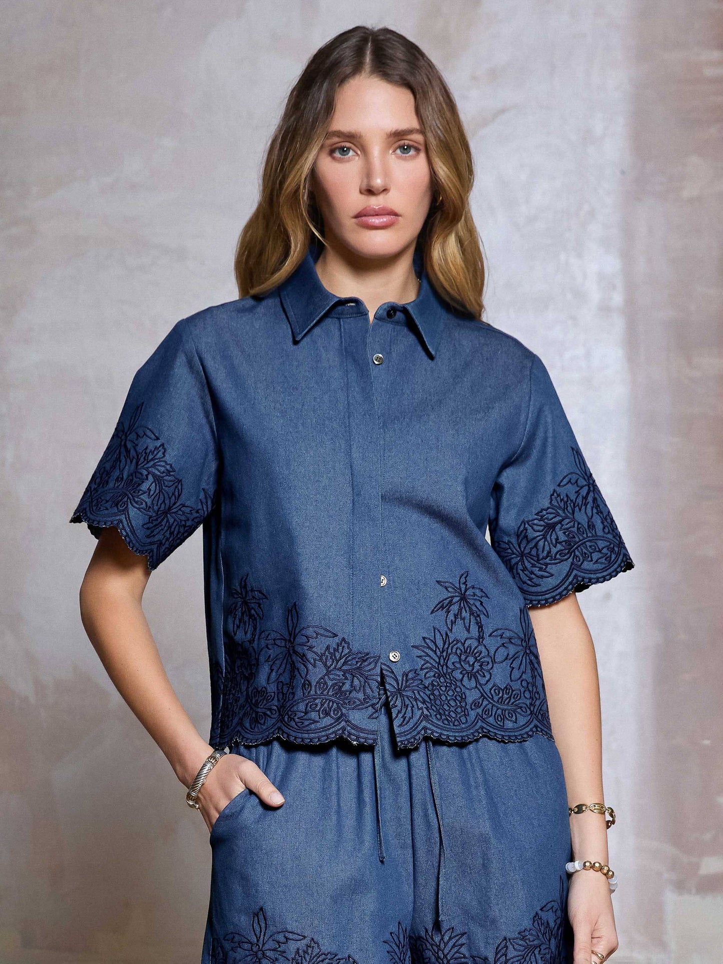 Denim Embroidered Cropped Shirt Top