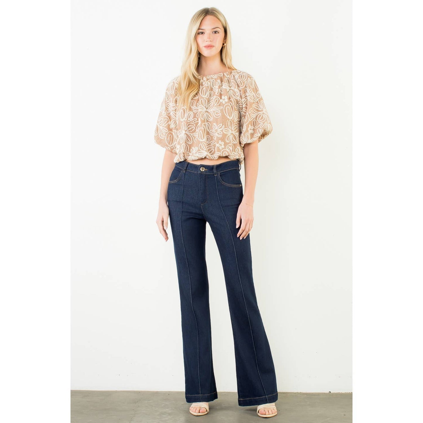 Puff Sleeve Floral Embroidery Detail Top