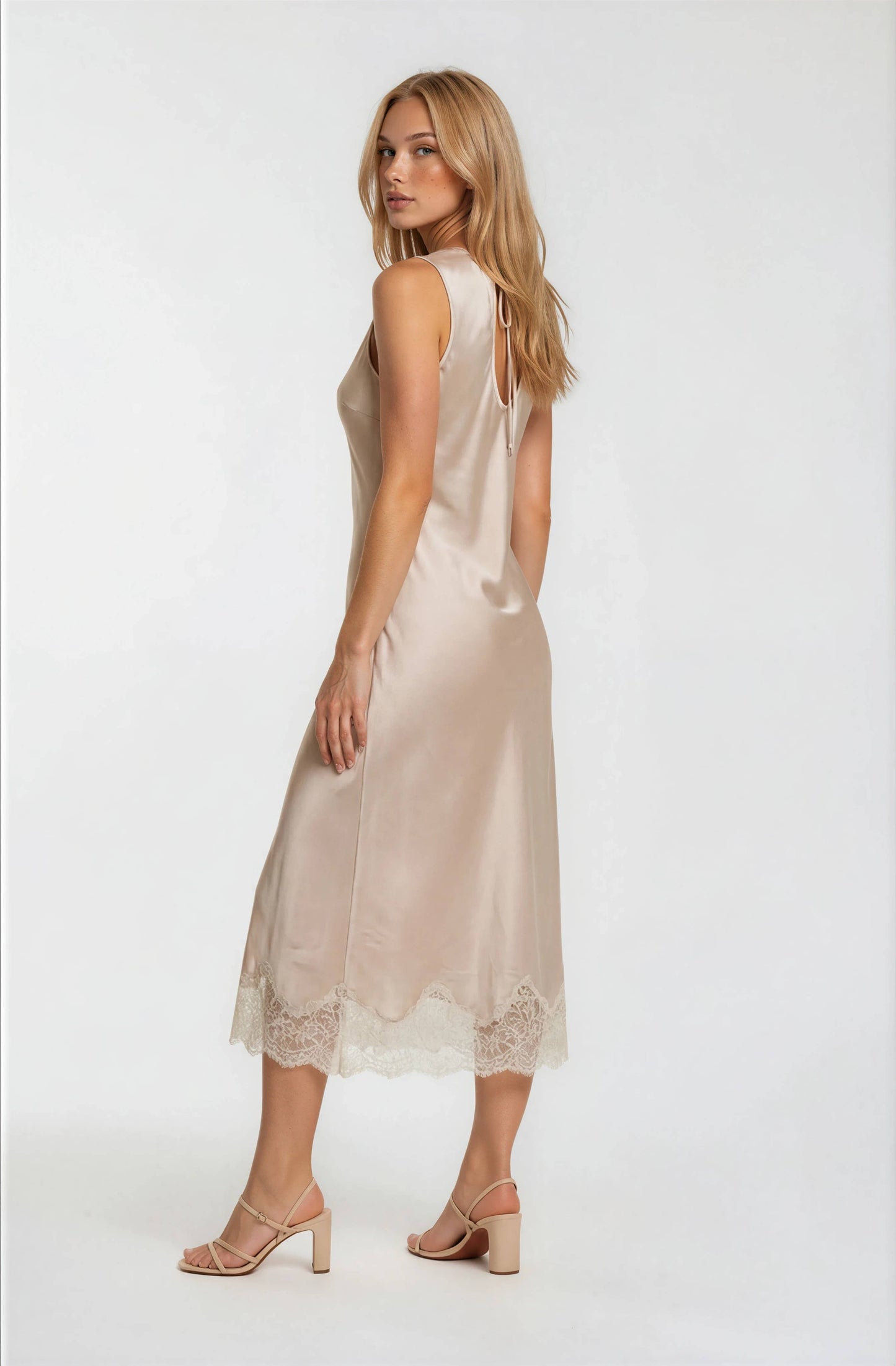 Satin Dress With Lace Trim Detail-Champagne