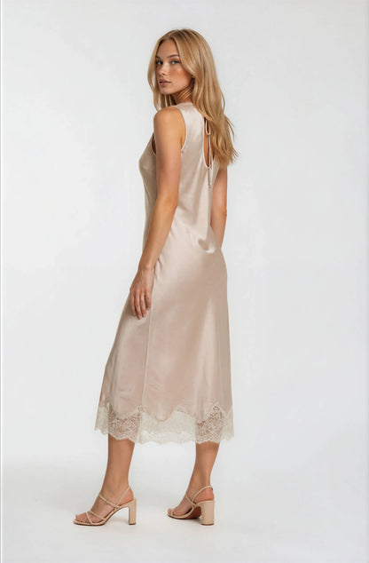 Satin Dress With Lace Trim Detail-Champagne