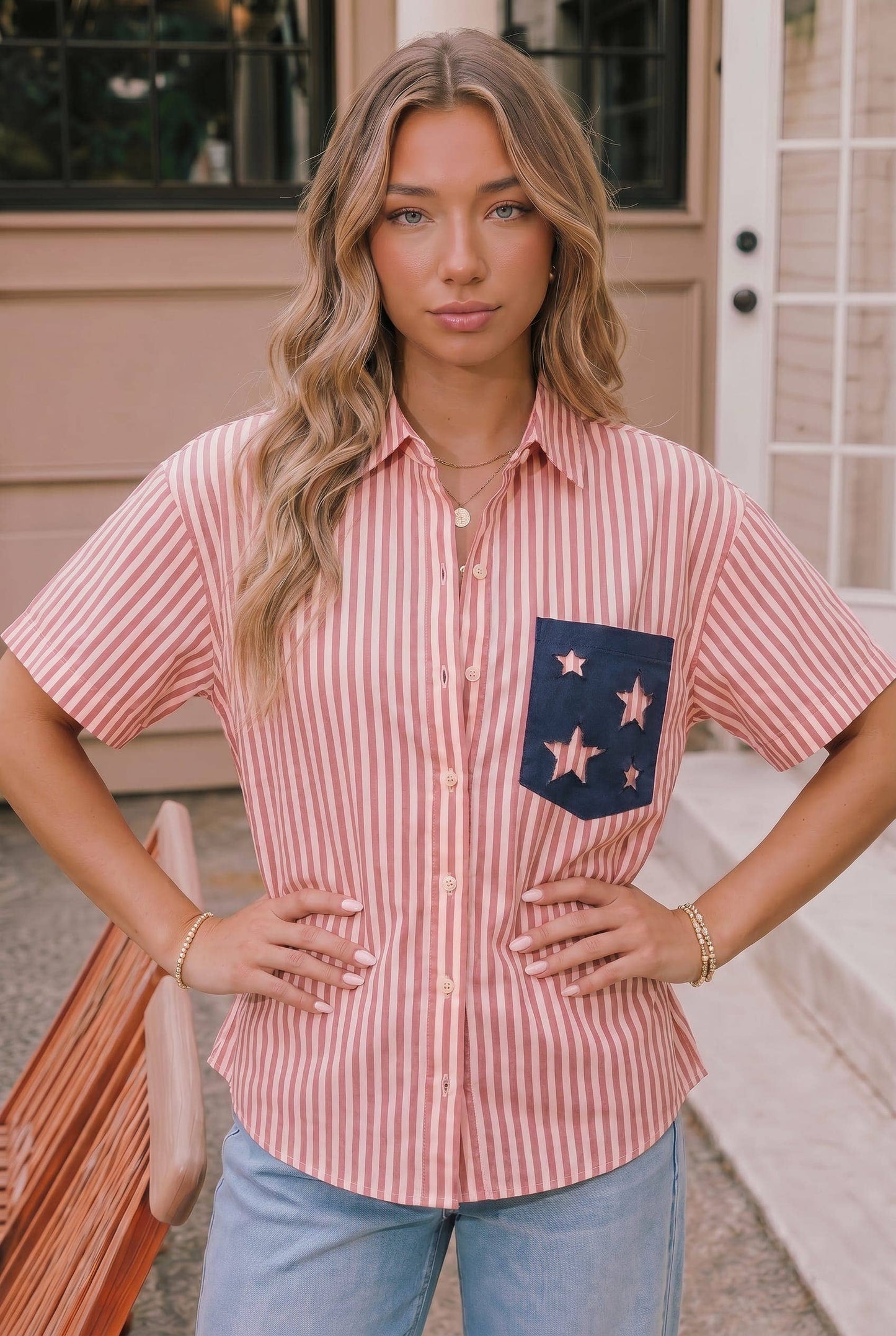 Patriotic Striped Short-Sleeve Shirt 4th of July