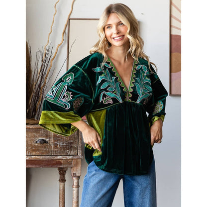 Vintage Embroidery Patch Velvet Top