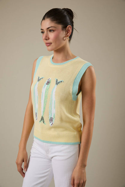 ROUND NECK 'FISH' GRAPHIC SWEATER VEST