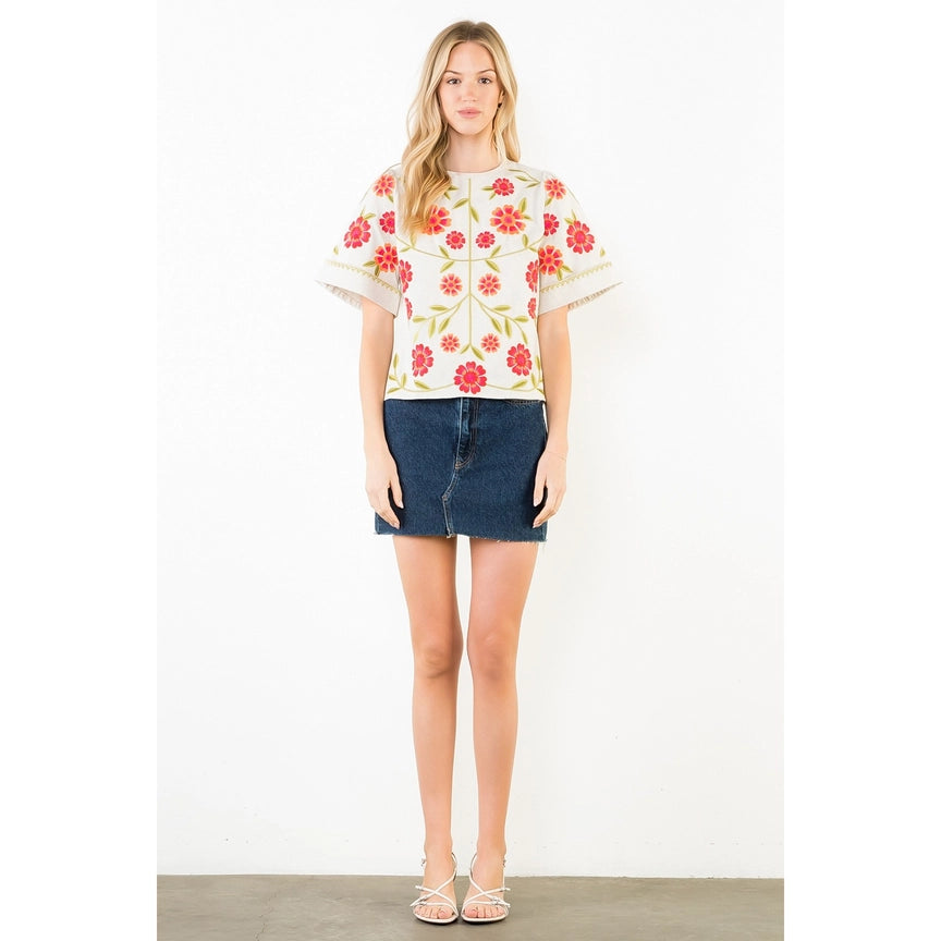 Short Sleeve Floral Embroidery Detail Top - Beige
