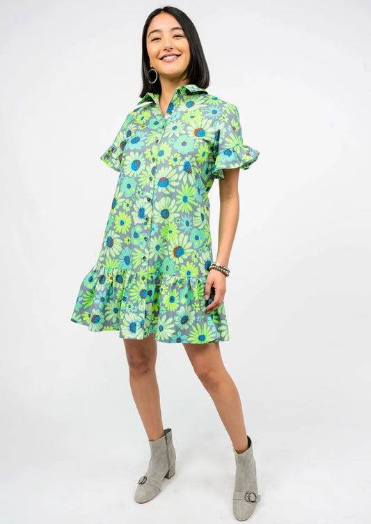 Neon Blooms Shirt Dress - Grey - BAY WINDOW