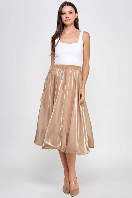 Shiny Bubble Hem Midi Skirt - Camel