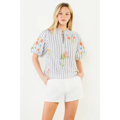 Embroidery Detail Puff Sleeve Striped Top - Blue
