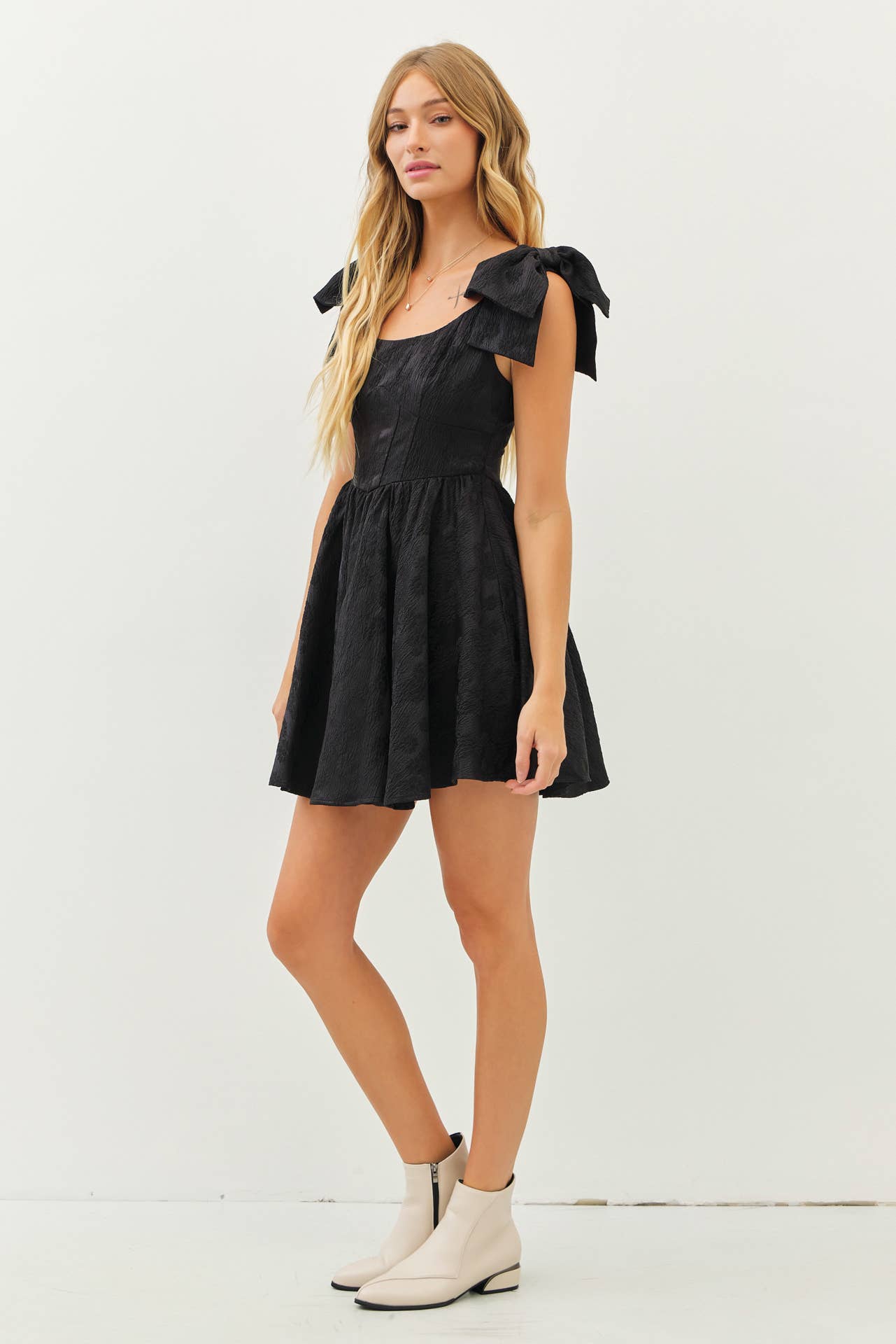 Lovely Textured Flare Mini Dress w/ Bow Straps