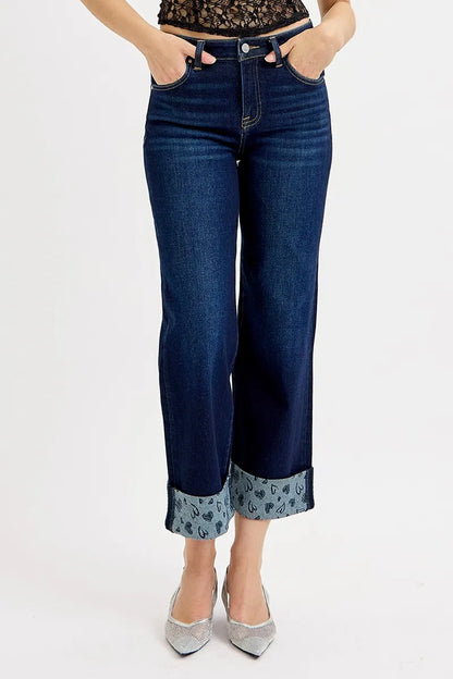 Slouchy Cropped Wide Jeans w/ Printed Cuffed Hem - Dark Wash