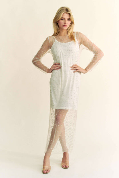 Mesh Pearl Rhinestone Cover with Innder Dress