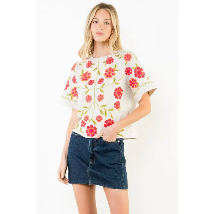 Short Sleeve Floral Embroidery Detail Top - Beige