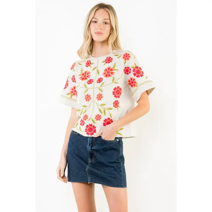 Short Sleeve Floral Embroidery Detail Top - Beige