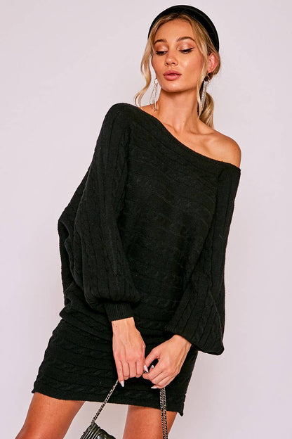 Dolman Knitted Sweater Horizontal Cable Detail Dress