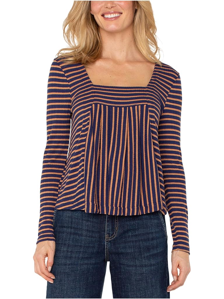 Long Sleeve Square Neck Knit Top - Blue/Ginger Stripe