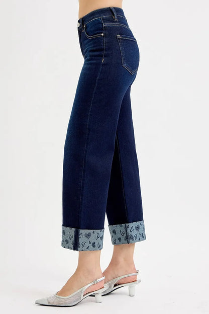 Slouchy Cropped Wide Jeans w/ Printed Cuffed Hem - Dark Wash