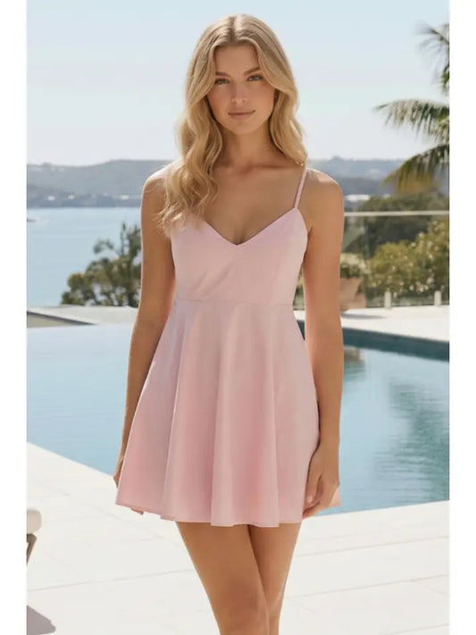 Back Bow V Neck Cami Flare Mini Dress - Baby Pink