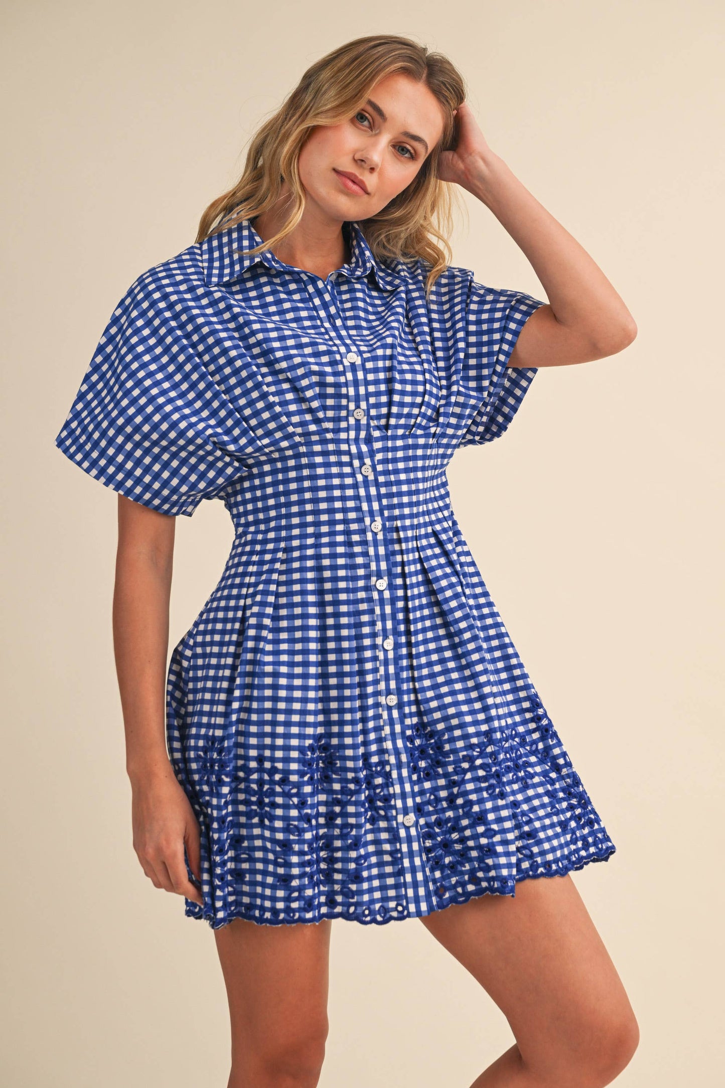 IDA1132-B GINGHAM SCALLOPED EMBROIDERED BUTTON DOWN SHIRT DR