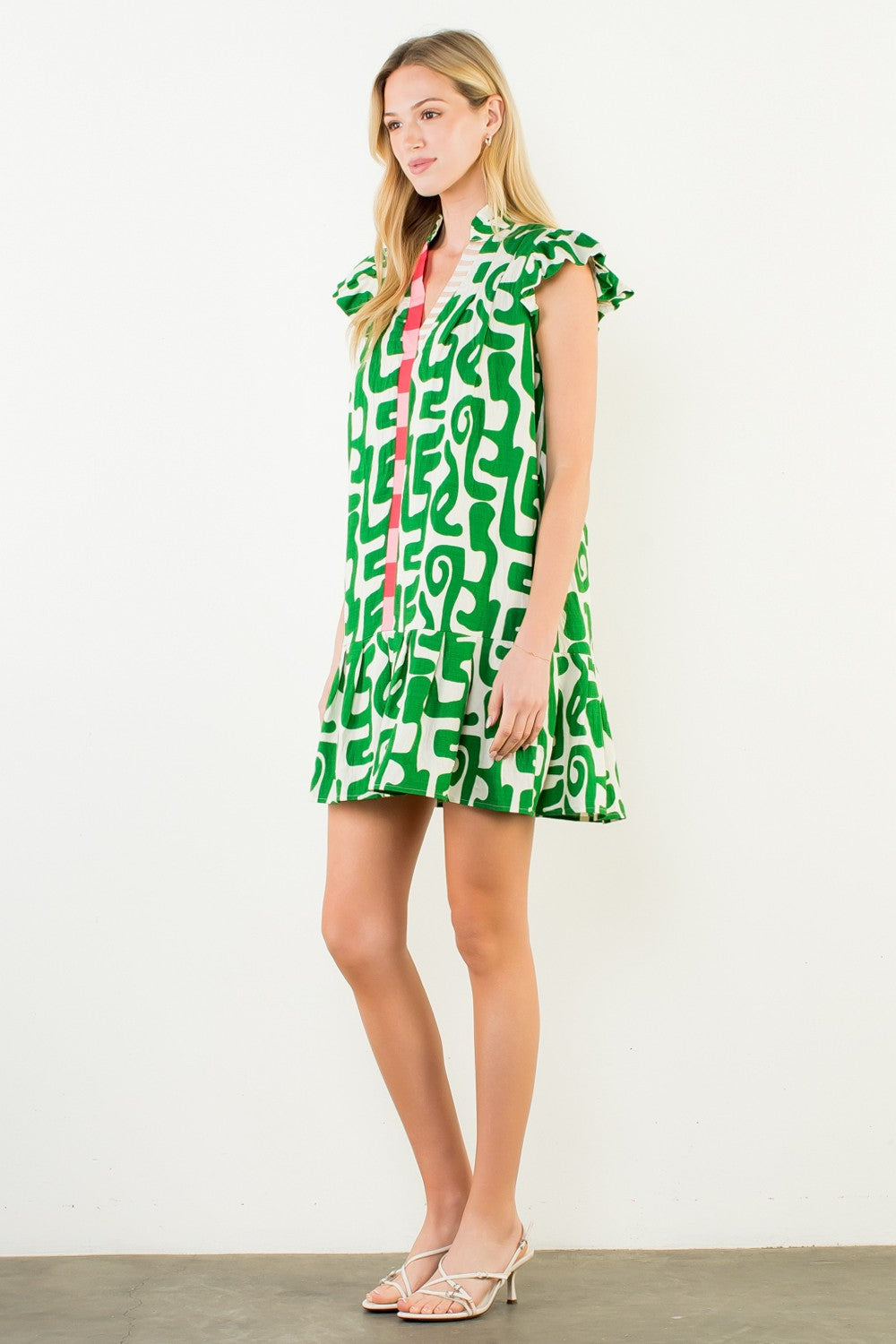 Short Sleeve Abstract Pattern Dress - Green