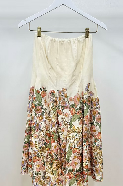 Botanical Print Pleated Midi Tube Dress - Cream