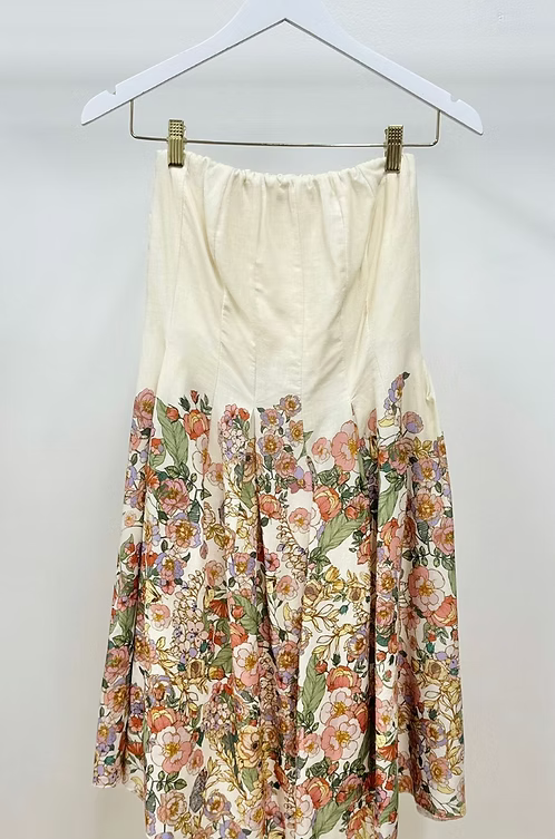 Botanical Print Pleated Midi Tube Dress - Cream