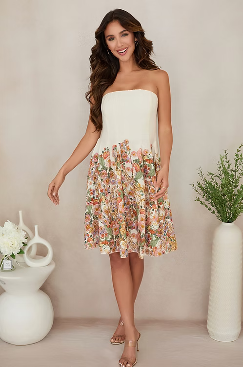 Botanical Print Pleated Midi Tube Dress - Cream