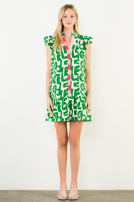 Short Sleeve Abstract Pattern Dress - Green